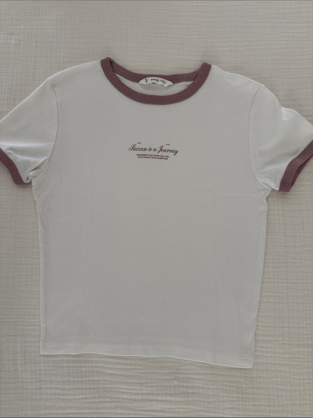 Mango Teen Girls White Short Sleeve Tee with Mauve Trim. Size S, NWOT